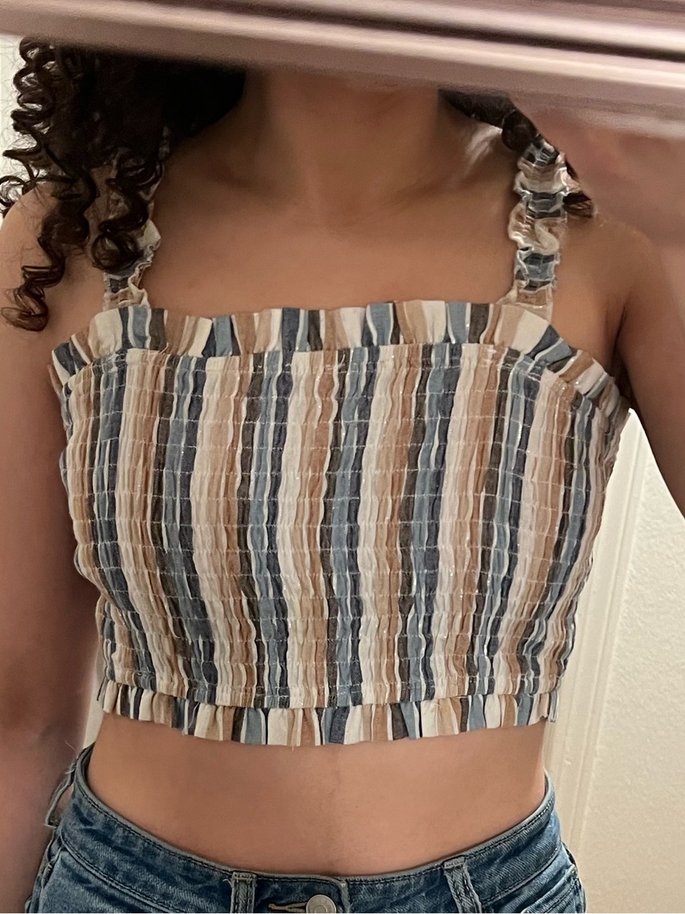 Altar’d State Striped Smocked Ruffle Strap Crop Top in Blue, Beige & White
